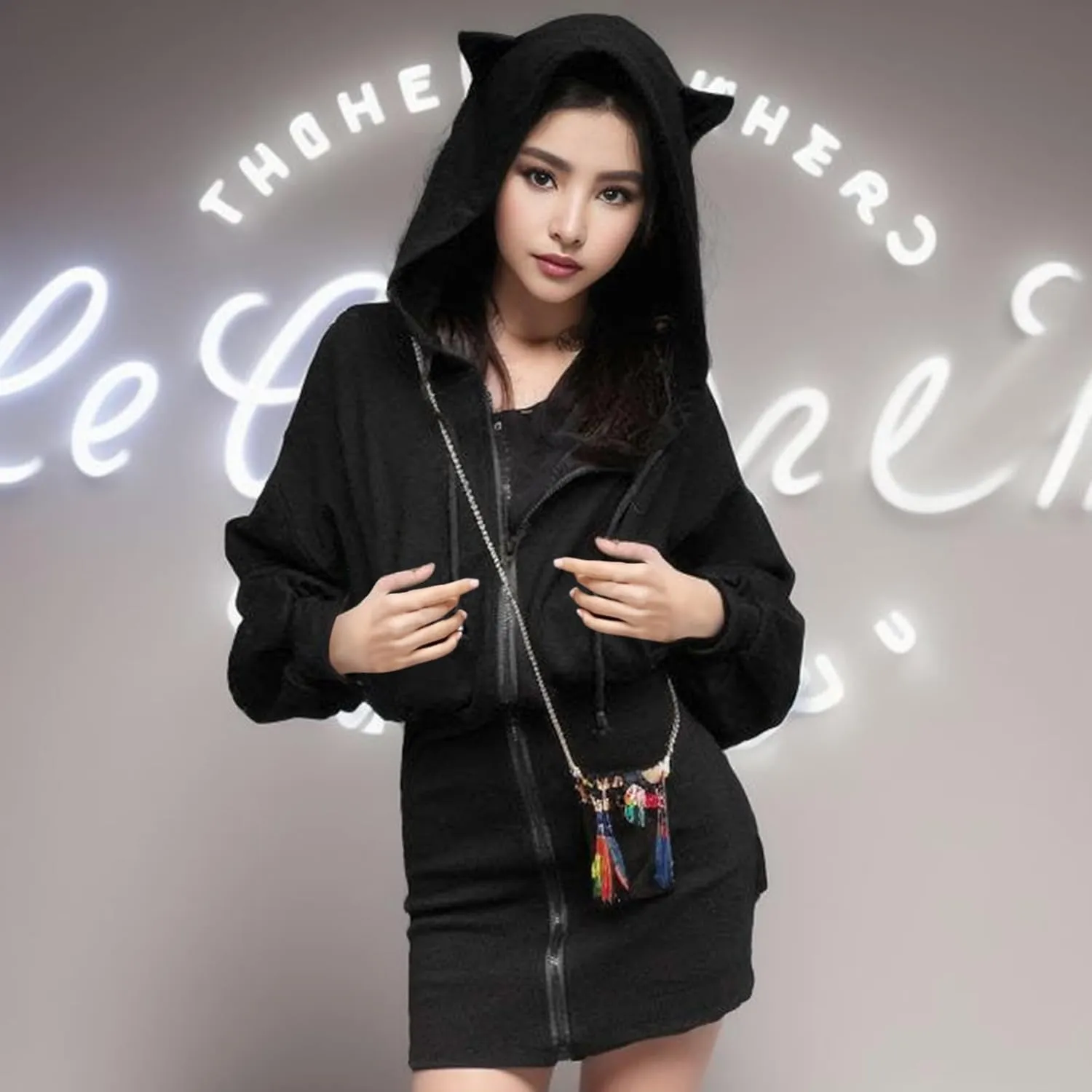 Women's Zip up Dress Pullover Hoodie Long Sleeve Cute Ear Hooded Sweatshirt Cat Dress Y2K Vintage 90s E-Girls Streetwear