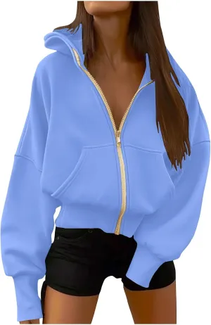 Women's Zip Up Hoodie 2024 Fall Fashion Oversized Sweatshirt Casual Long Sleeve Loose Athletic Jacket with Pockets