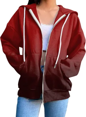 Womens Zip Up Hoodies Long Sleeve Drawstring Sport Sweatshirts Jacket Casual Fashion Jackets Fall Outfits