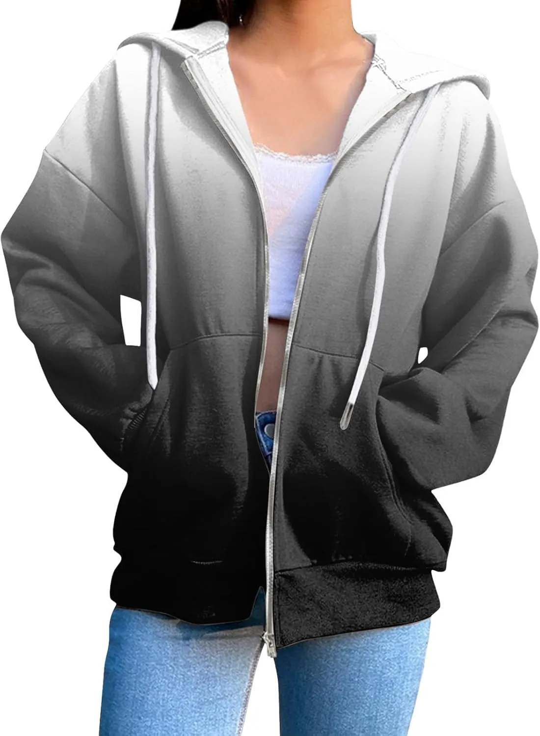 Womens Zip Up Hoodies Long Sleeve Drawstring Sport Sweatshirts Jacket Casual Fashion Jackets Fall Outfits