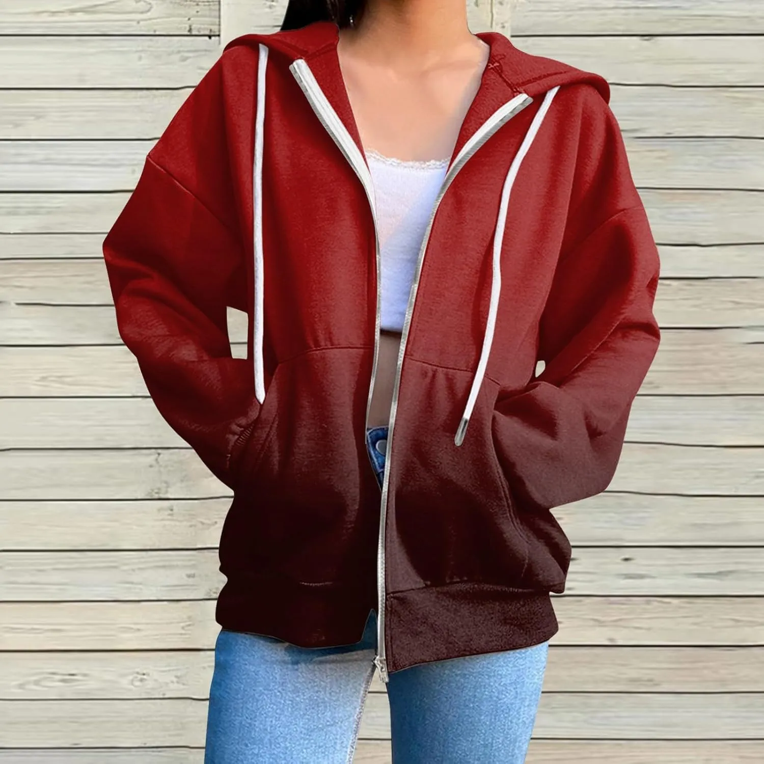 Womens Zip Up Hoodies Long Sleeve Drawstring Sport Sweatshirts Jacket Casual Fashion Jackets Fall Outfits