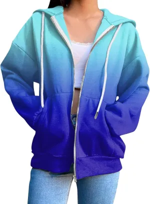 Womens Zip Up Hoodies Long Sleeve Drawstring Sport Sweatshirts Jacket Casual Fashion Jackets Fall Outfits