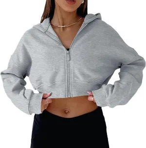 Womens Zip Up Loose Crop Hoodie Long Sleeve Cropped Sweatshirts Jacket Tops Teen Girls Preppy Clothes with Pockets