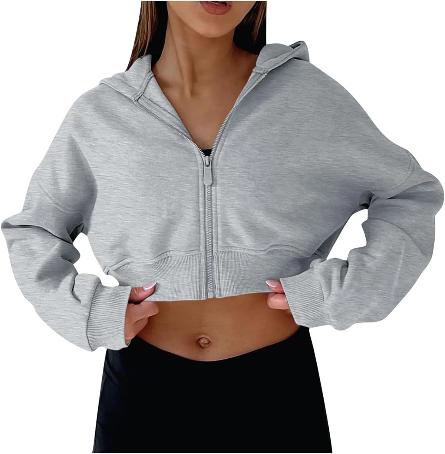 Womens Zip Up Loose Crop Hoodie Long Sleeve Cropped Sweatshirts Jacket Tops Teen Girls Preppy Clothes with Pockets