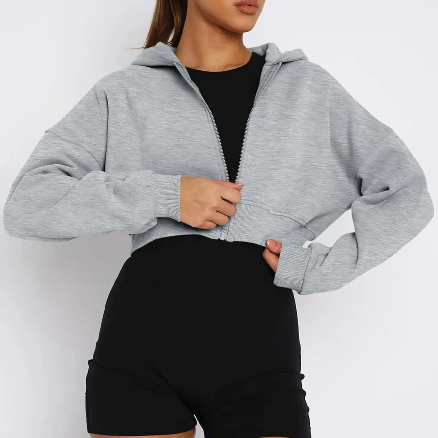 Womens Zip Up Loose Crop Hoodie Long Sleeve Cropped Sweatshirts Jacket Tops Teen Girls Preppy Clothes with Pockets