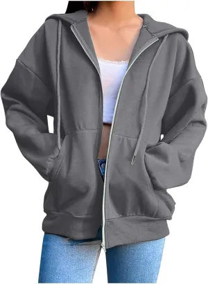 Womens Zip Up Y2K Hoodies Casual Long Sleeve Fall Oversized Sweatshirts Jacket with Pockets 2024 Fashion Clothes