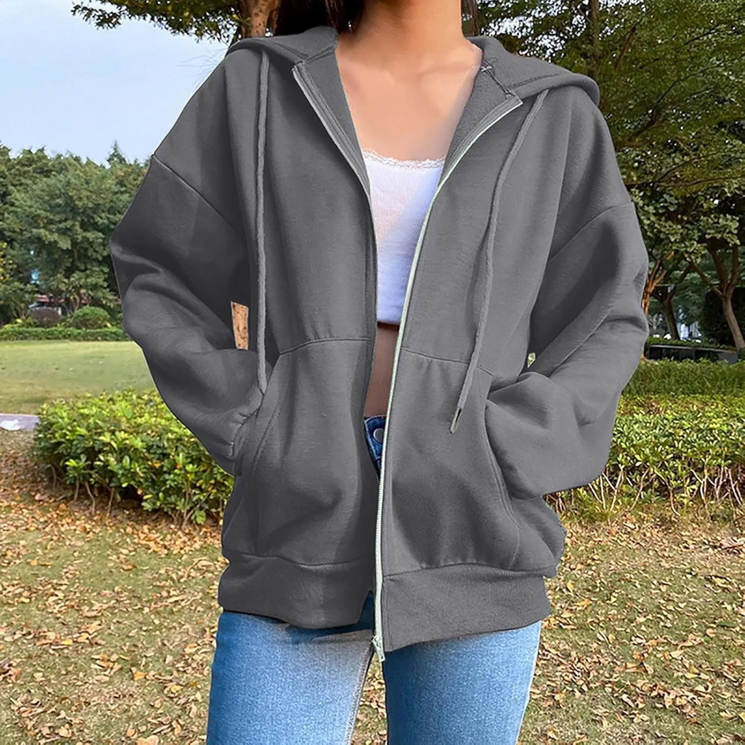 Womens Zip Up Y2K Hoodies Casual Long Sleeve Fall Oversized Sweatshirts Jacket with Pockets 2024 Fashion Clothes