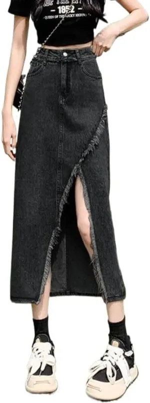 Women'sIrregular Split Denim Skirt High Waisted Thin Denim Wrap Skirts Slim Fitting Spring Summer Straight