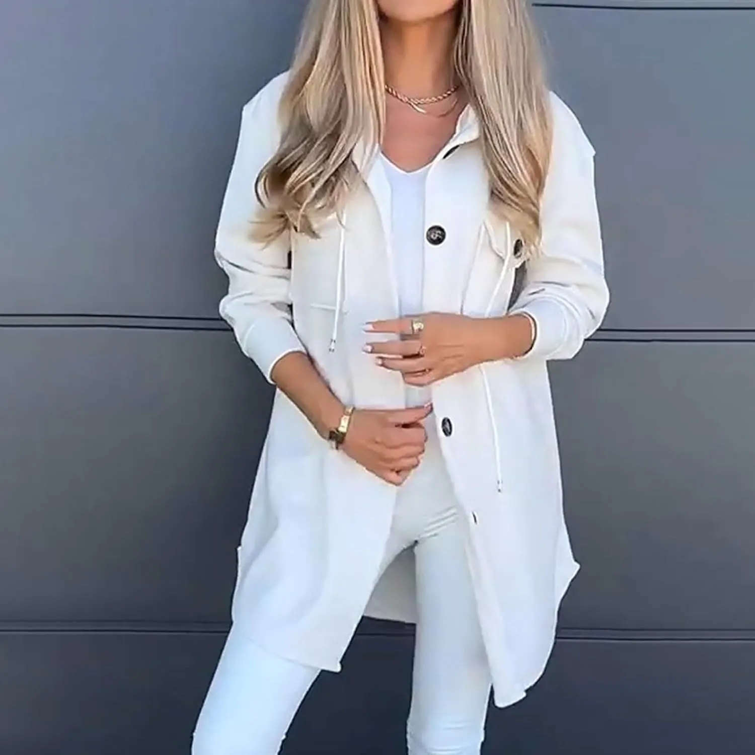 XOWRTE Womens Jackets Casual Single Breasted Hooded Jacket Lapel Neck Long Sleeve Solid Color Trench Coat for Women 2024