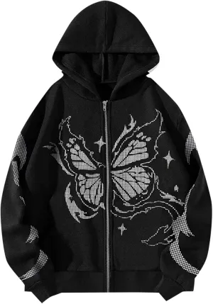 Y2K Hoodies for Women Full Zip Up Print Graphic Pockets Hooded Jacket 90s Long Sleeve Sweatshirt with Hood Grunge Harajuku