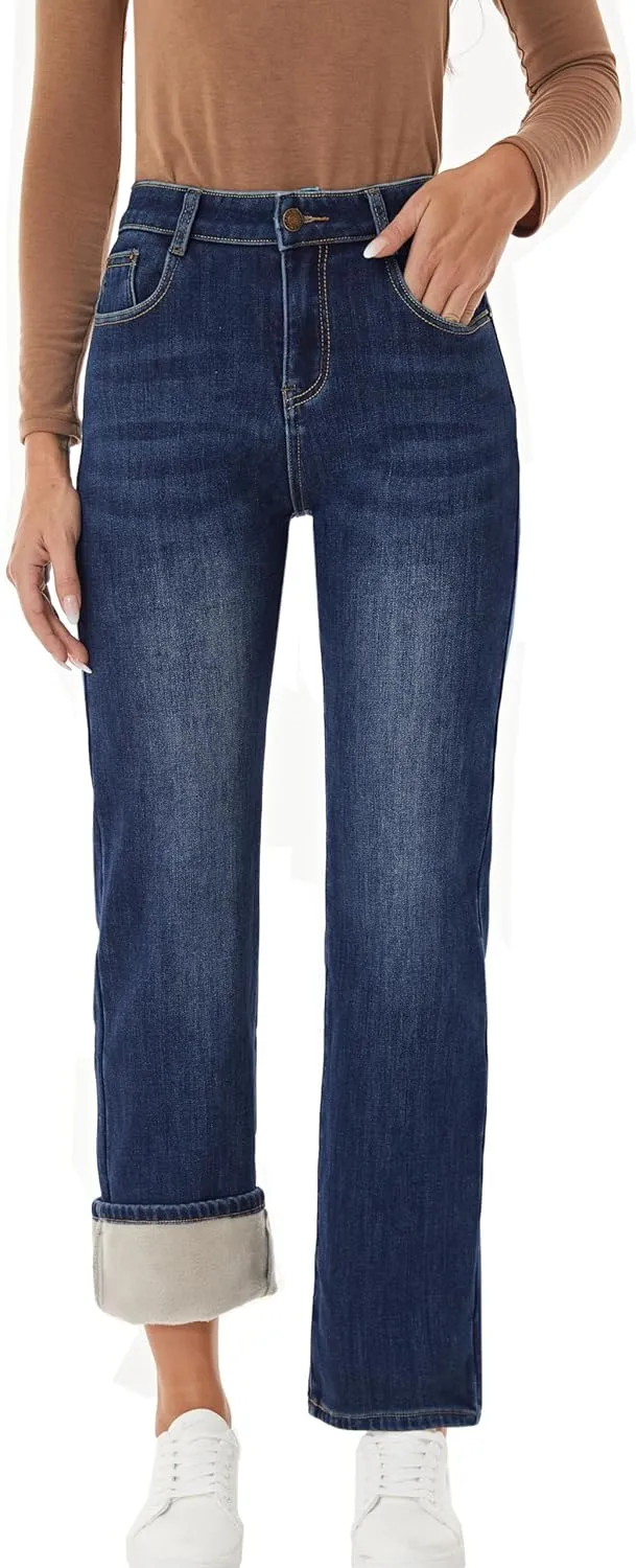 Yehopere Women's Fleece Lined Jeans Straight Leg Wide Jeans Winter Sherpa Flannel Lined Jeans