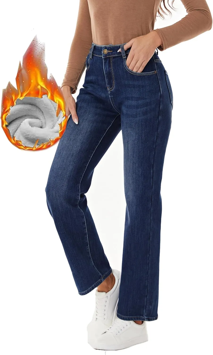 Yehopere Women's Fleece Lined Jeans Straight Leg Wide Jeans Winter Sherpa Flannel Lined Jeans