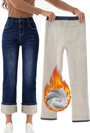 Yehopere Women's Fleece Lined Jeans Straight Leg Wide Jeans Winter Sherpa Flannel Lined Jeans