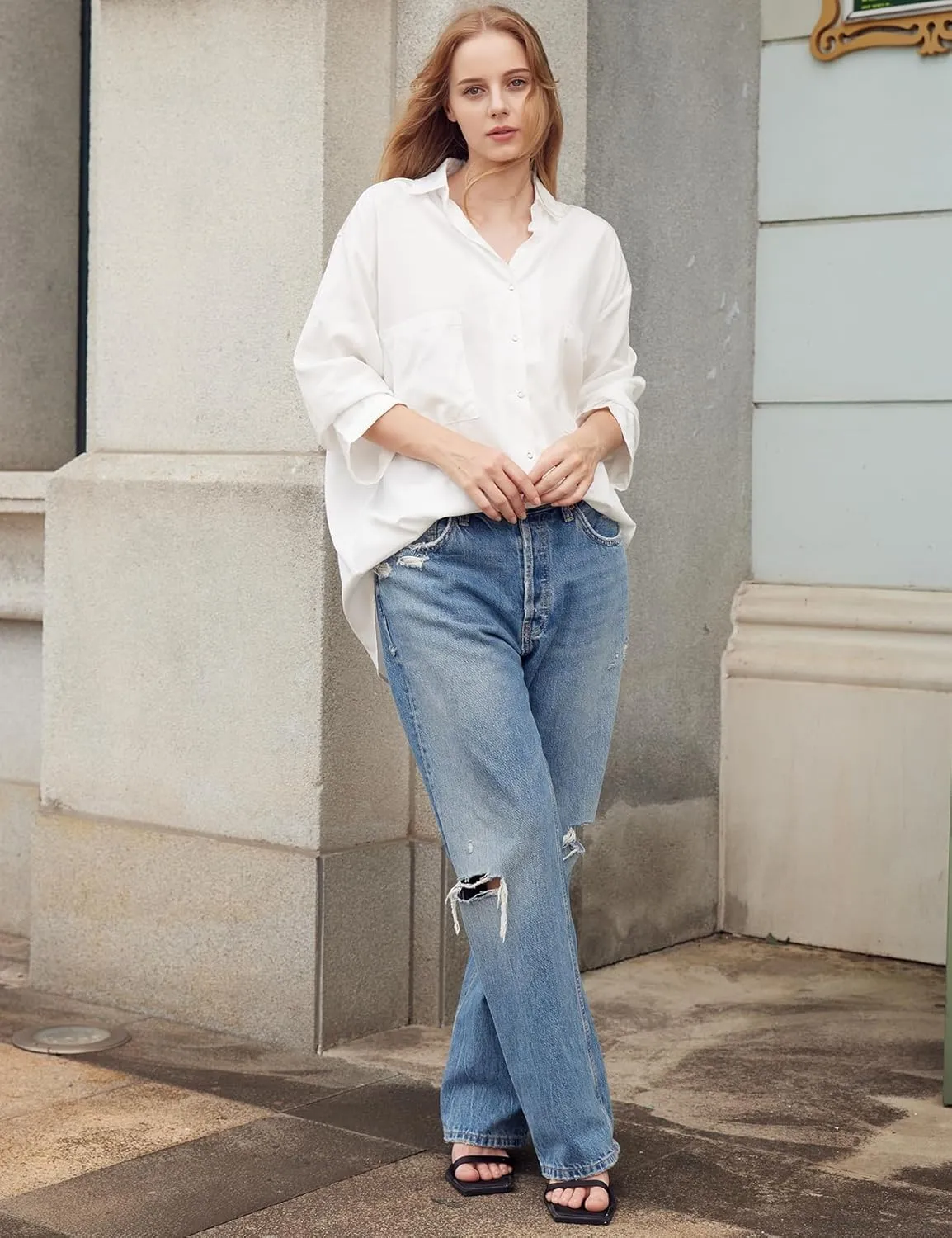 Yimoon Womens Denim Shirt Chambray Blue Button Down Jean Shirt Denim Tops Soft Tencel Casual 3/4 Sleeve Jacket