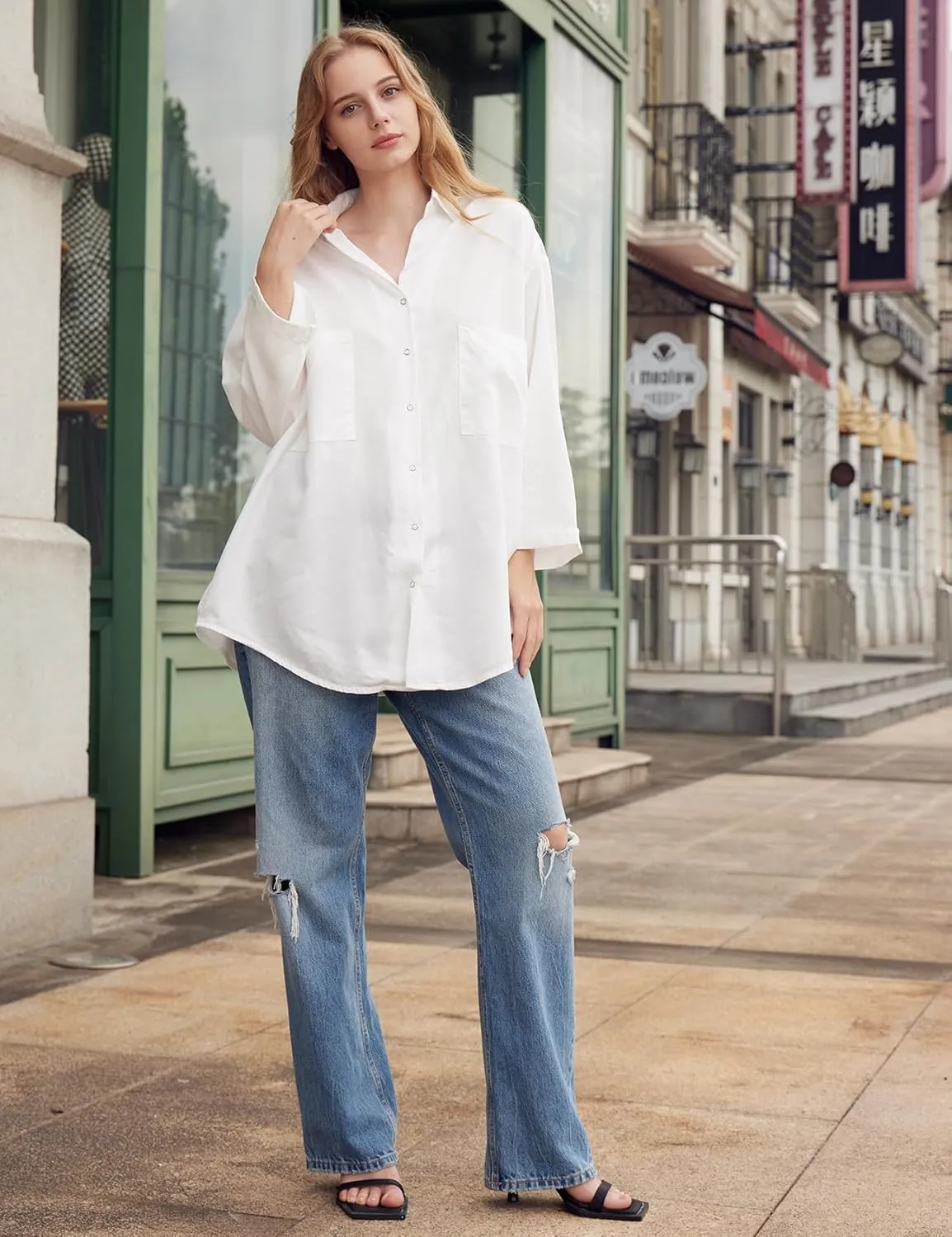 Yimoon Womens Denim Shirt Chambray Blue Button Down Jean Shirt Denim Tops Soft Tencel Casual 3/4 Sleeve Jacket