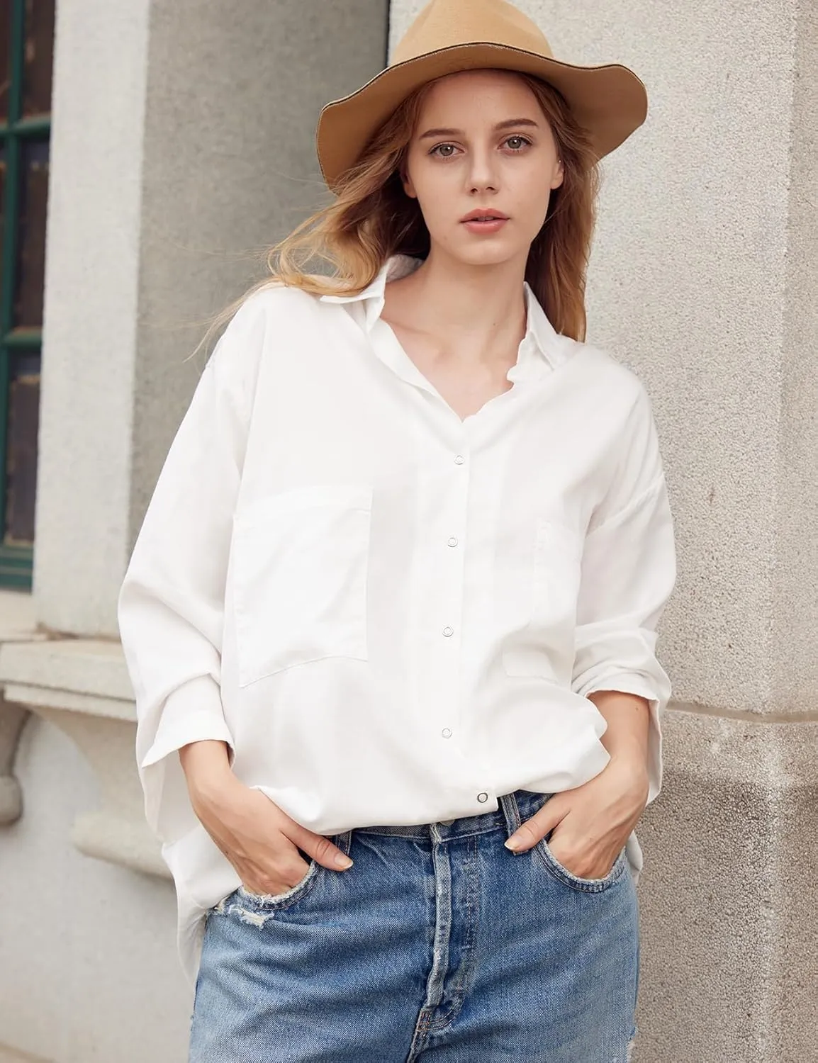 Yimoon Womens Denim Shirt Chambray Blue Button Down Jean Shirt Denim Tops Soft Tencel Casual 3/4 Sleeve Jacket