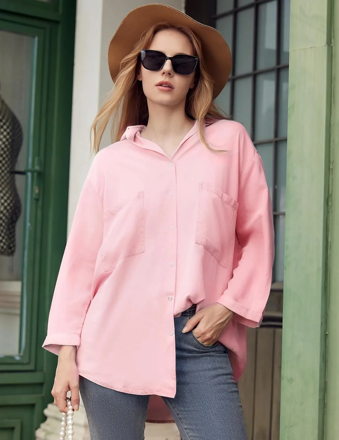 Yimoon Womens Denim Shirt Chambray Blue Button Down Jean Shirt Denim Tops Soft Tencel Casual 3/4 Sleeve Jacket