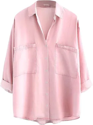 Yimoon Womens Denim Shirt Chambray Blue Button Down Jean Shirt Denim Tops Soft Tencel Casual 3/4 Sleeve Jacket