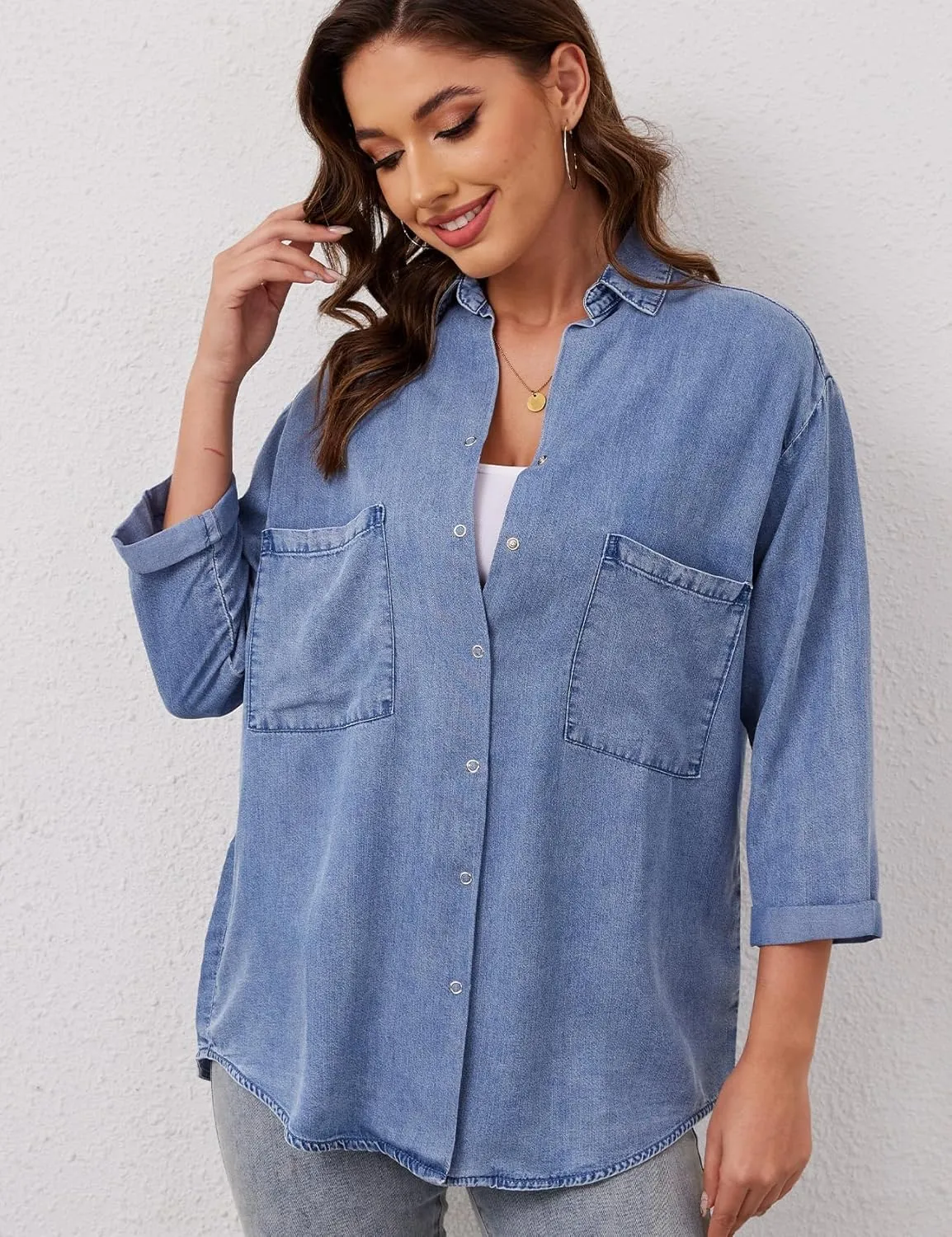 Yimoon Womens Denim Shirt Chambray Blue Button Down Jean Shirt Denim Tops Soft Tencel Casual 3/4 Sleeve Jacket