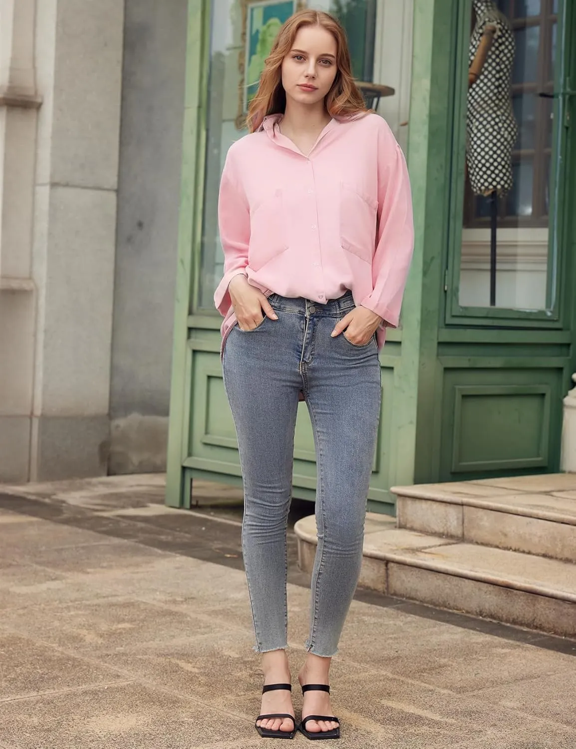 Yimoon Womens Denim Shirt Chambray Blue Button Down Jean Shirt Denim Tops Soft Tencel Casual 3/4 Sleeve Jacket