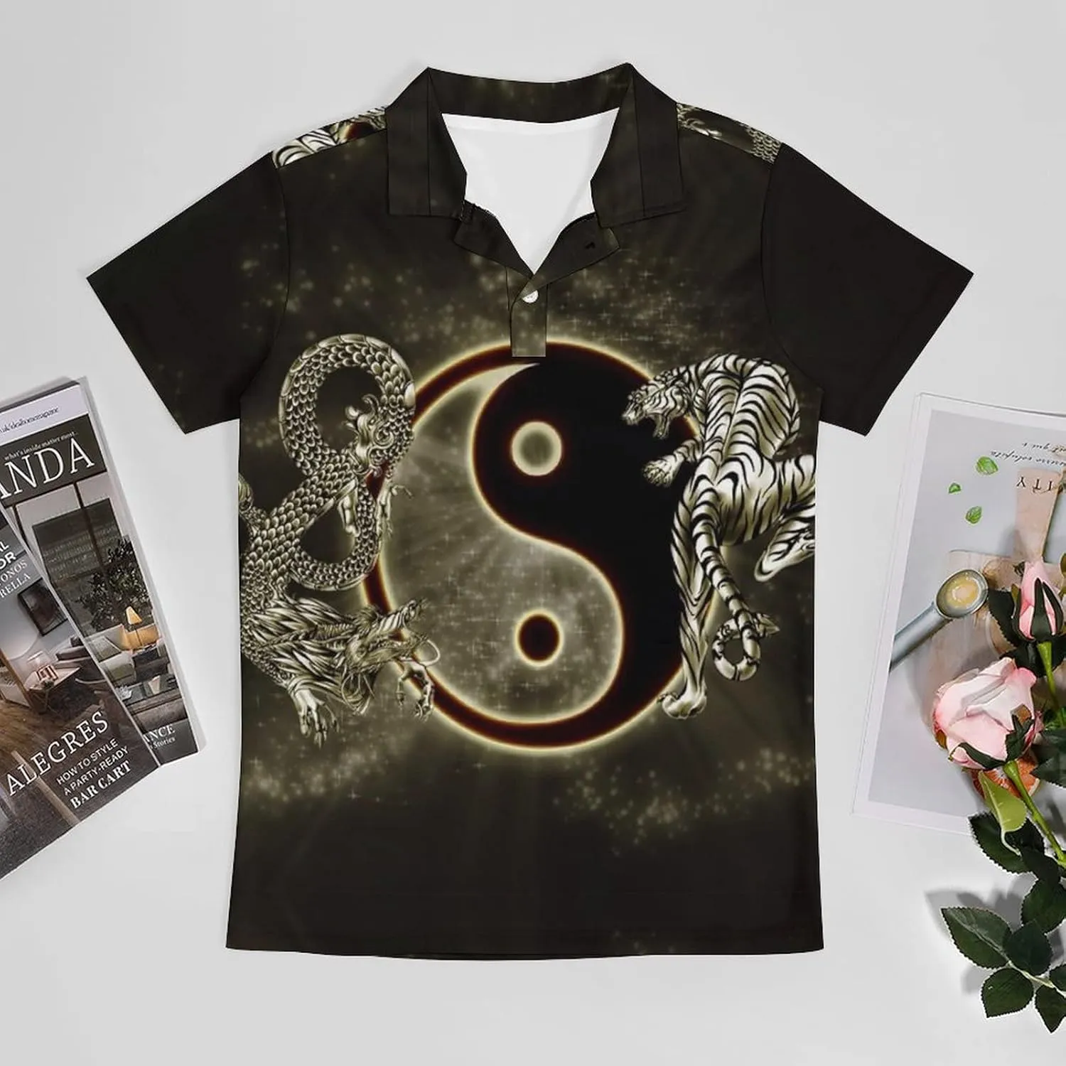 Yin Yang Dragons Tiger Men's Polo Shirt Short Sleeve Print T Shirt Slim Fit Golf Shirt Collared Tee Casual Top