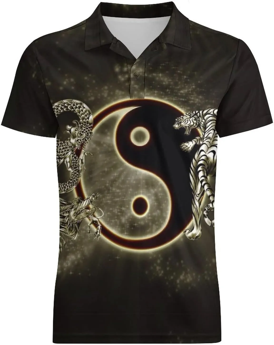 Yin Yang Dragons Tiger Men's Polo Shirt Short Sleeve Print T Shirt Slim Fit Golf Shirt Collared Tee Casual Top