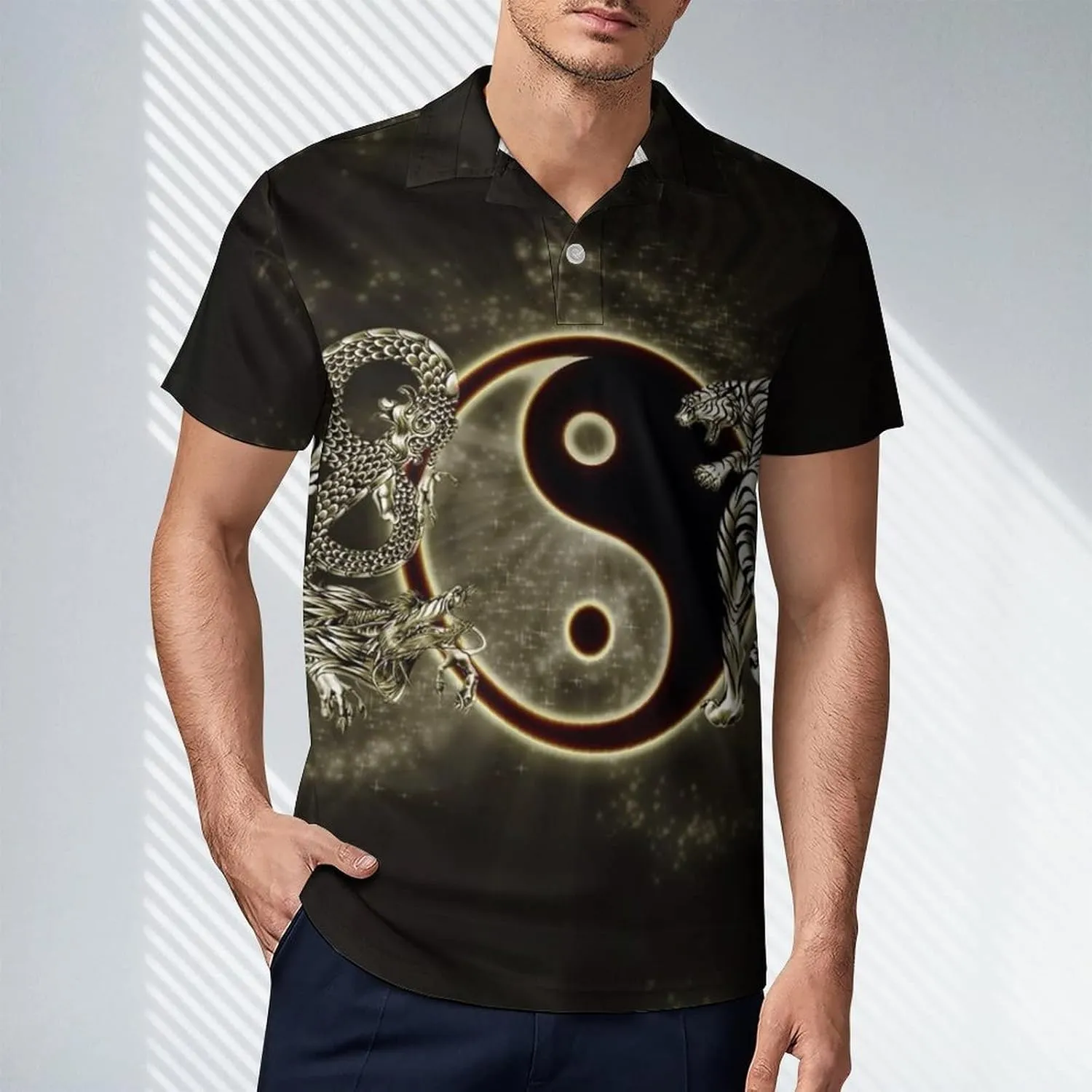 Yin Yang Dragons Tiger Men's Polo Shirt Short Sleeve Print T Shirt Slim Fit Golf Shirt Collared Tee Casual Top