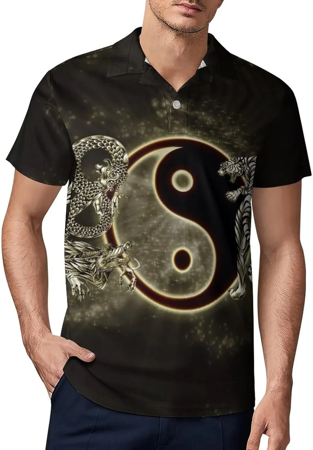 Yin Yang Dragons Tiger Men's Polo Shirt Short Sleeve Print T Shirt Slim Fit Golf Shirt Collared Tee Casual Top