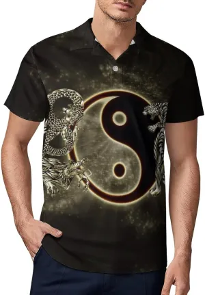 Yin Yang Dragons Tiger Men's Polo Shirt Short Sleeve Print T Shirt Slim Fit Golf Shirt Collared Tee Casual Top