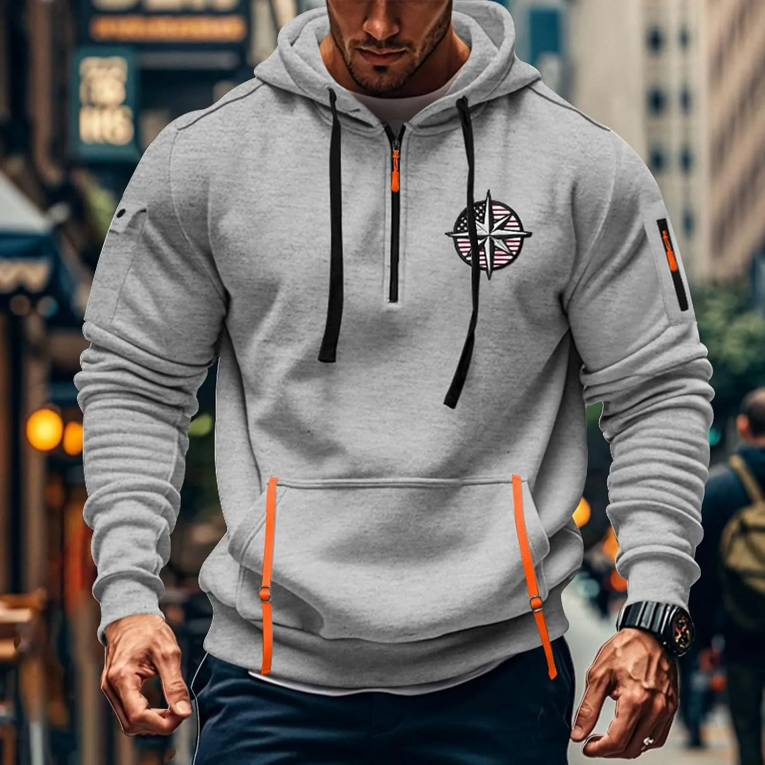 Ymosrh Mens Tactical Cargo Hoodie Athletic Work Hooded Sweatshirt Pullover Hoodies with Zipper Pockets Winter Sweatshirts