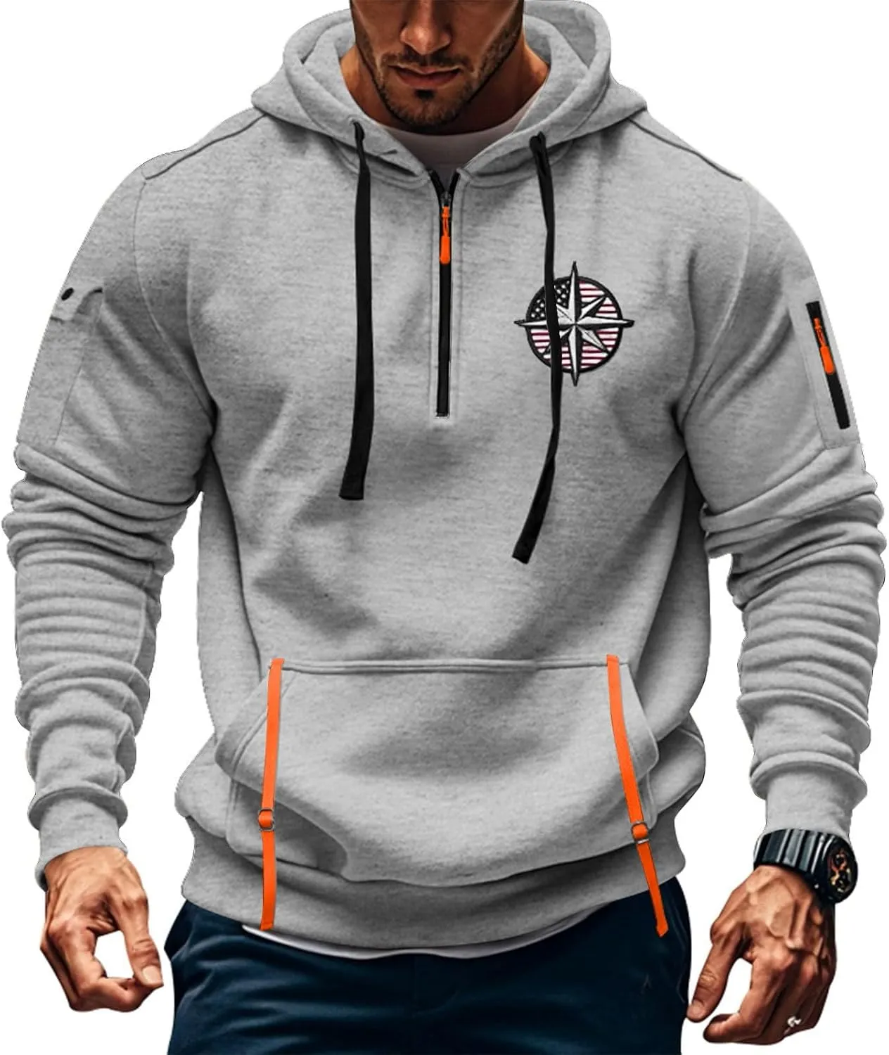 Ymosrh Mens Tactical Cargo Hoodie Athletic Work Hooded Sweatshirt Pullover Hoodies with Zipper Pockets Winter Sweatshirts