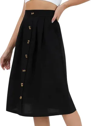 YOLAI Women Button Down Midi Skirt High Waist Pleated Loose Skirt Casual A-Line Business Work Skirts with Pockets