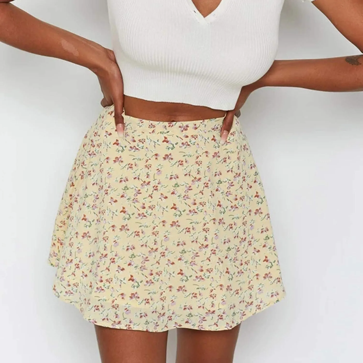YOLAI Women Floral Printed High Waist Mini Skirt Zipper A-Line Short Skirt Summer Beach Skater Skirt