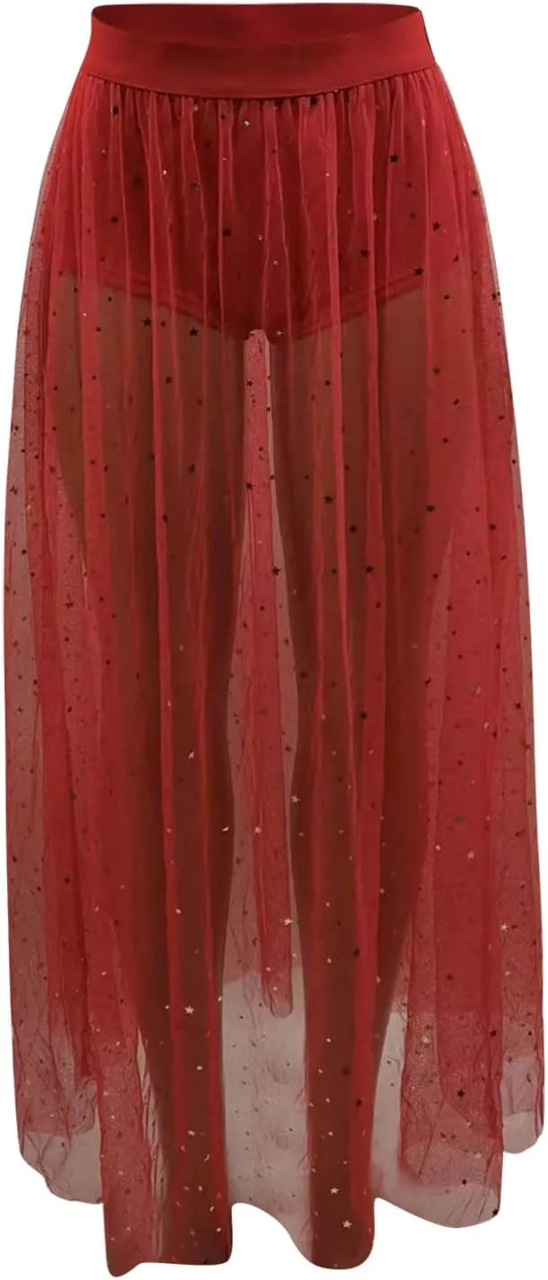 YOLAI Women Mesh See Through Skirt High Waist Galaxy Print Maxi Skirt Sexy 2 in 1 Sheer Skirt
