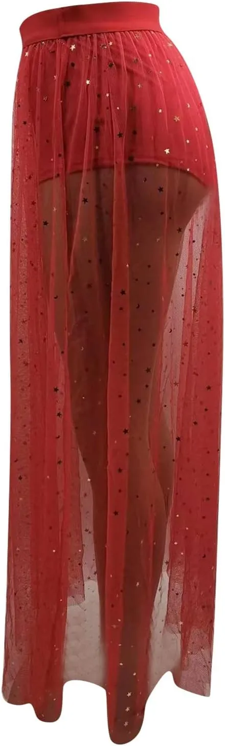YOLAI Women Mesh See Through Skirt High Waist Galaxy Print Maxi Skirt Sexy 2 in 1 Sheer Skirt