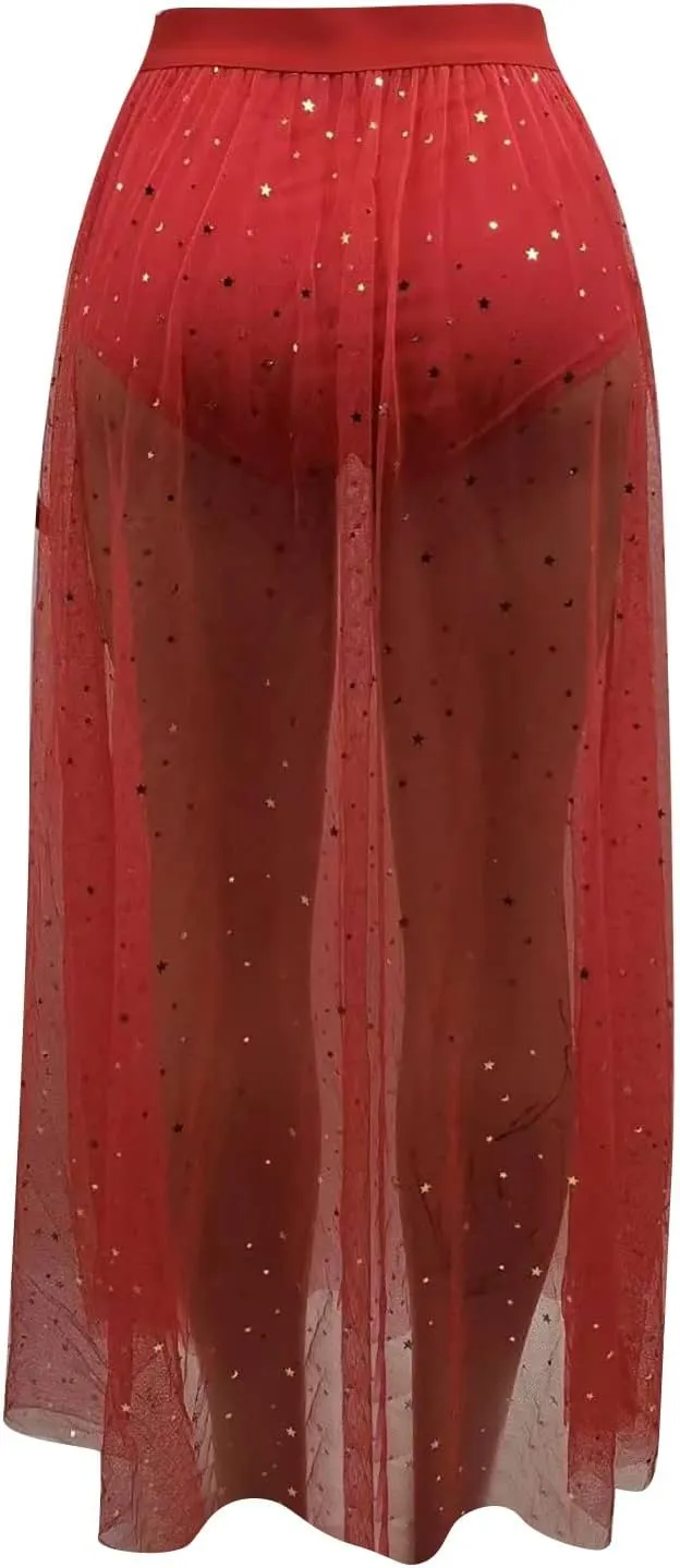 YOLAI Women Mesh See Through Skirt High Waist Galaxy Print Maxi Skirt Sexy 2 in 1 Sheer Skirt