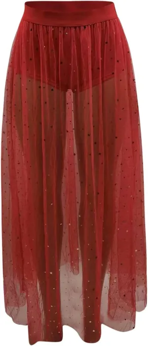 YOLAI Women Mesh See Through Skirt High Waist Galaxy Print Maxi Skirt Sexy 2 in 1 Sheer Skirt