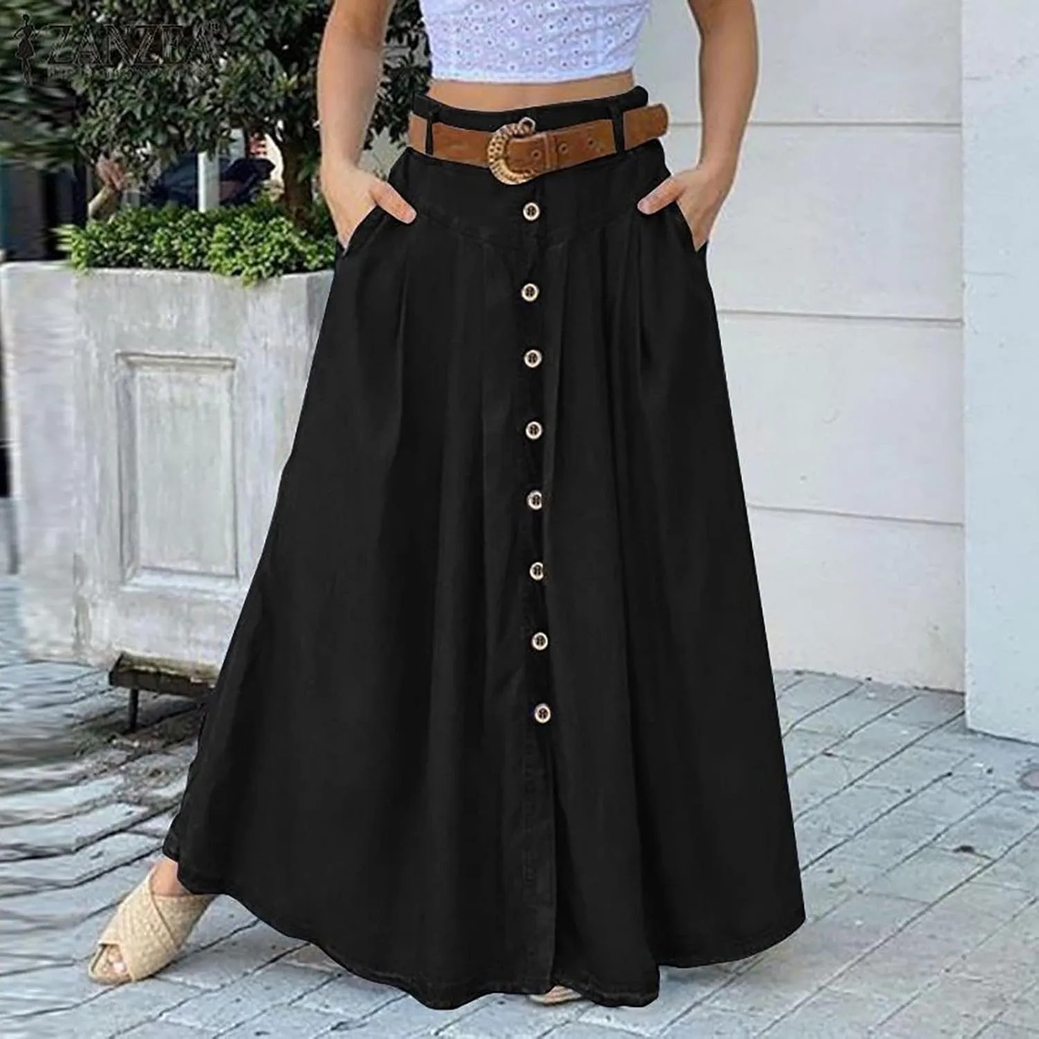 YOLAI Women's Casual Button Down Pleated Skirt Solid Color Maxi Skirt A Line High Waist Skirt with Pocket