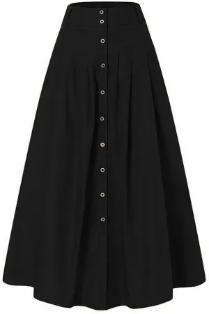 YOLAI Women's Casual Button Down Pleated Skirt Solid Color Maxi Skirt A Line High Waist Skirt with Pocket