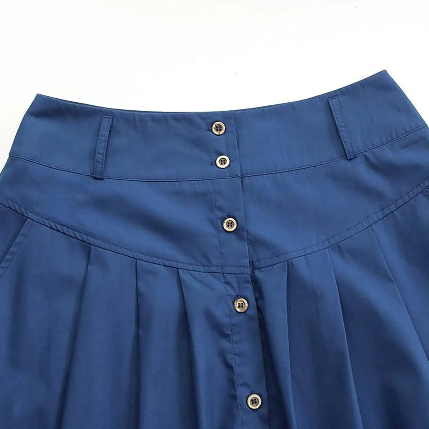 YOLAI Women's Casual Button Down Pleated Skirt Solid Color Maxi Skirt A Line High Waist Skirt with Pocket