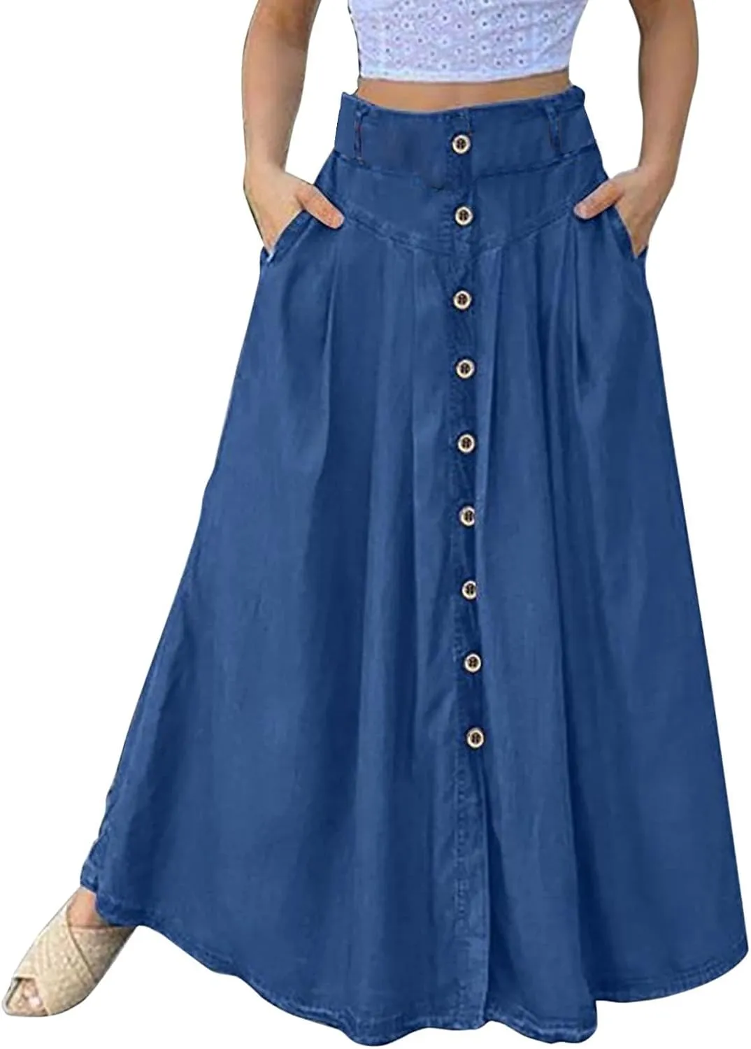YOLAI Women's Casual Button Down Pleated Skirt Solid Color Maxi Skirt A Line High Waist Skirt with Pocket