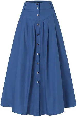 YOLAI Women's Casual Button Down Pleated Skirt Solid Color Maxi Skirt A Line High Waist Skirt with Pocket
