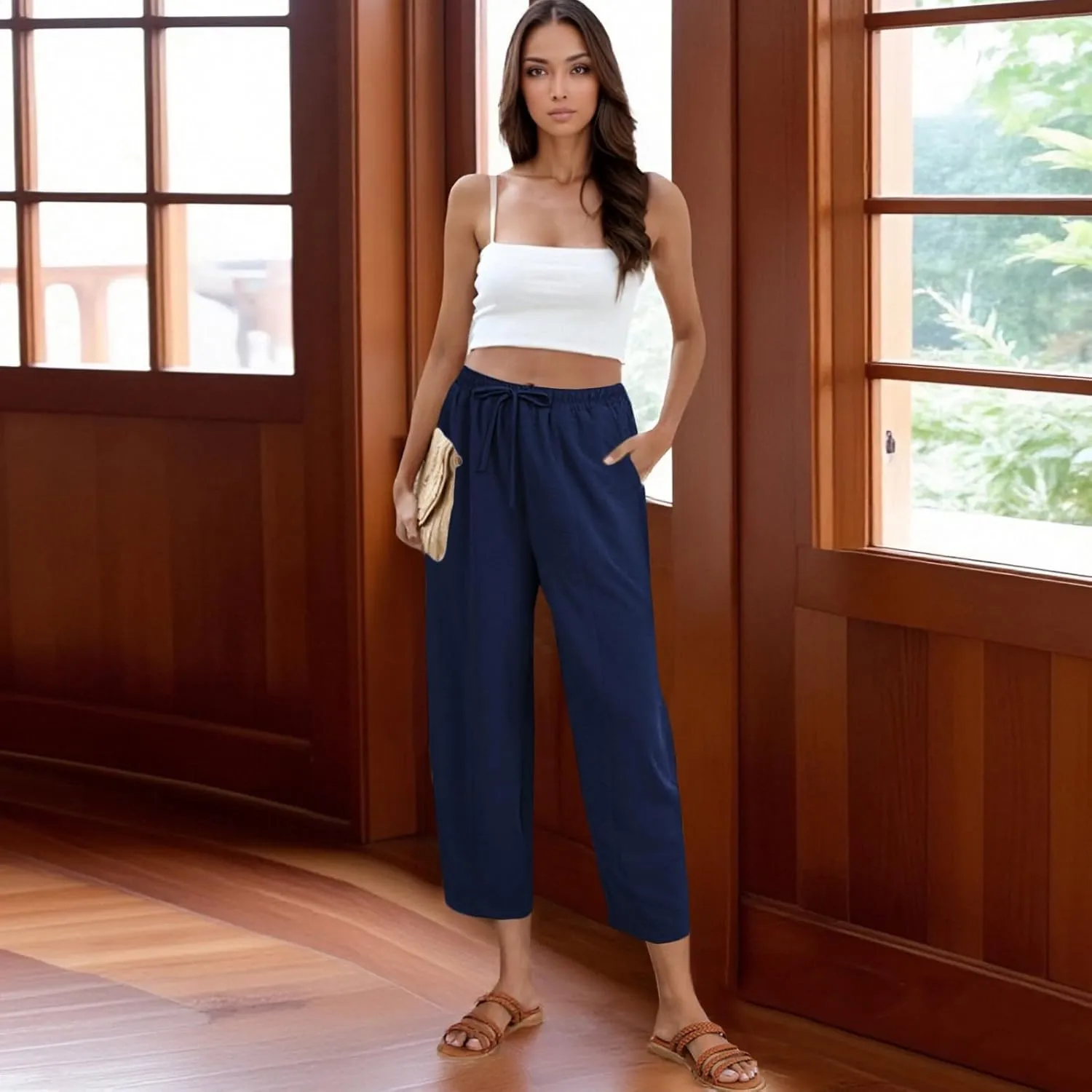 ZEFOTIM Womens Wide Leg Dress Pants Drawstring High Waisted Trousers Solid Color Dress Pants with Pocket
