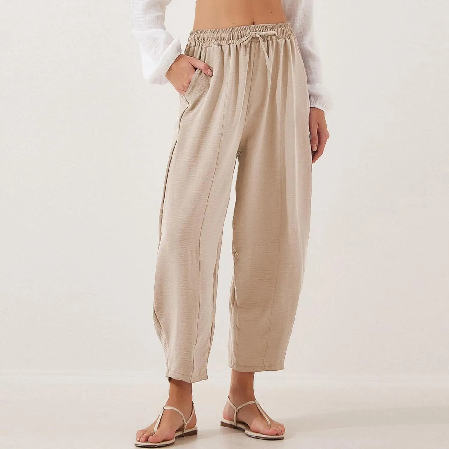 ZEFOTIM Womens Wide Leg Dress Pants Drawstring High Waisted Trousers Solid Color Dress Pants with Pocket