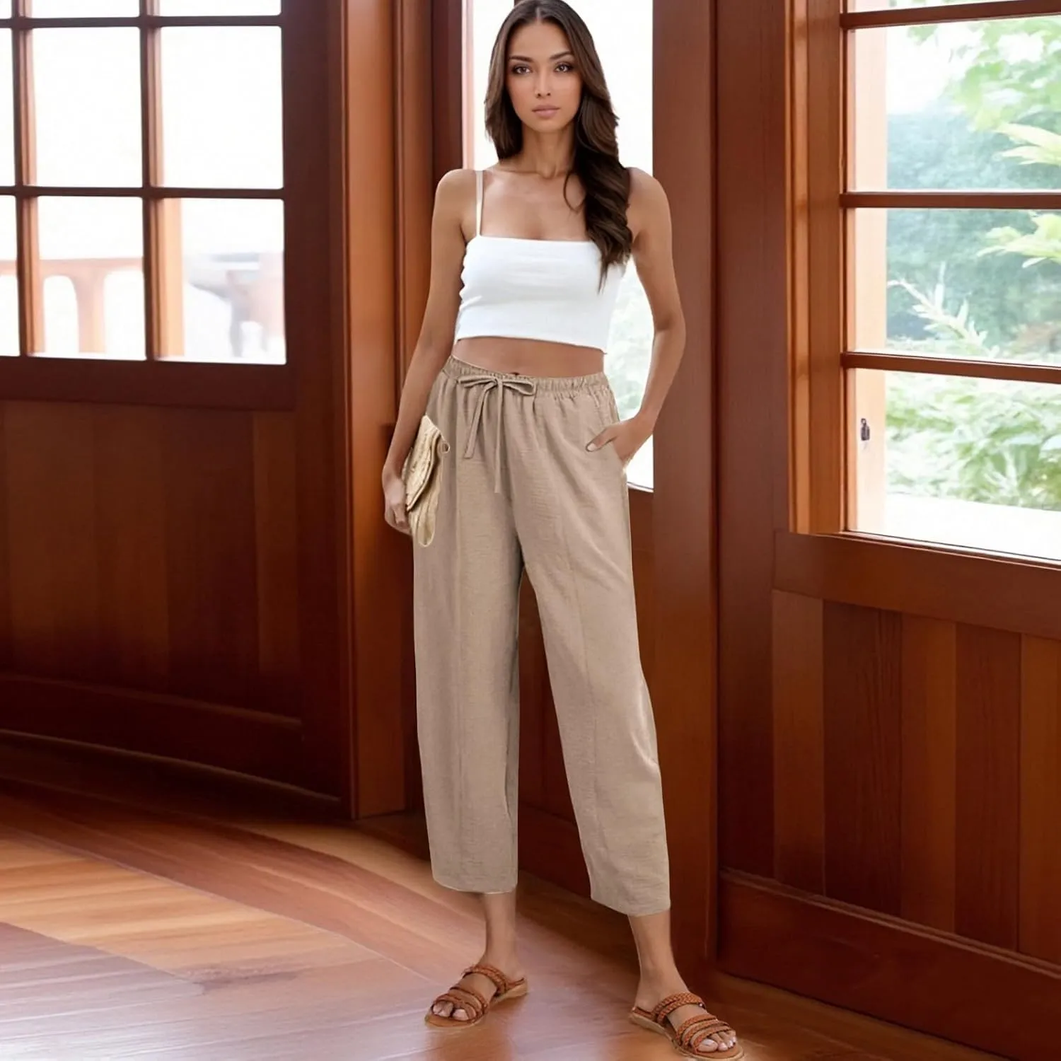 ZEFOTIM Womens Wide Leg Dress Pants Drawstring High Waisted Trousers Solid Color Dress Pants with Pocket