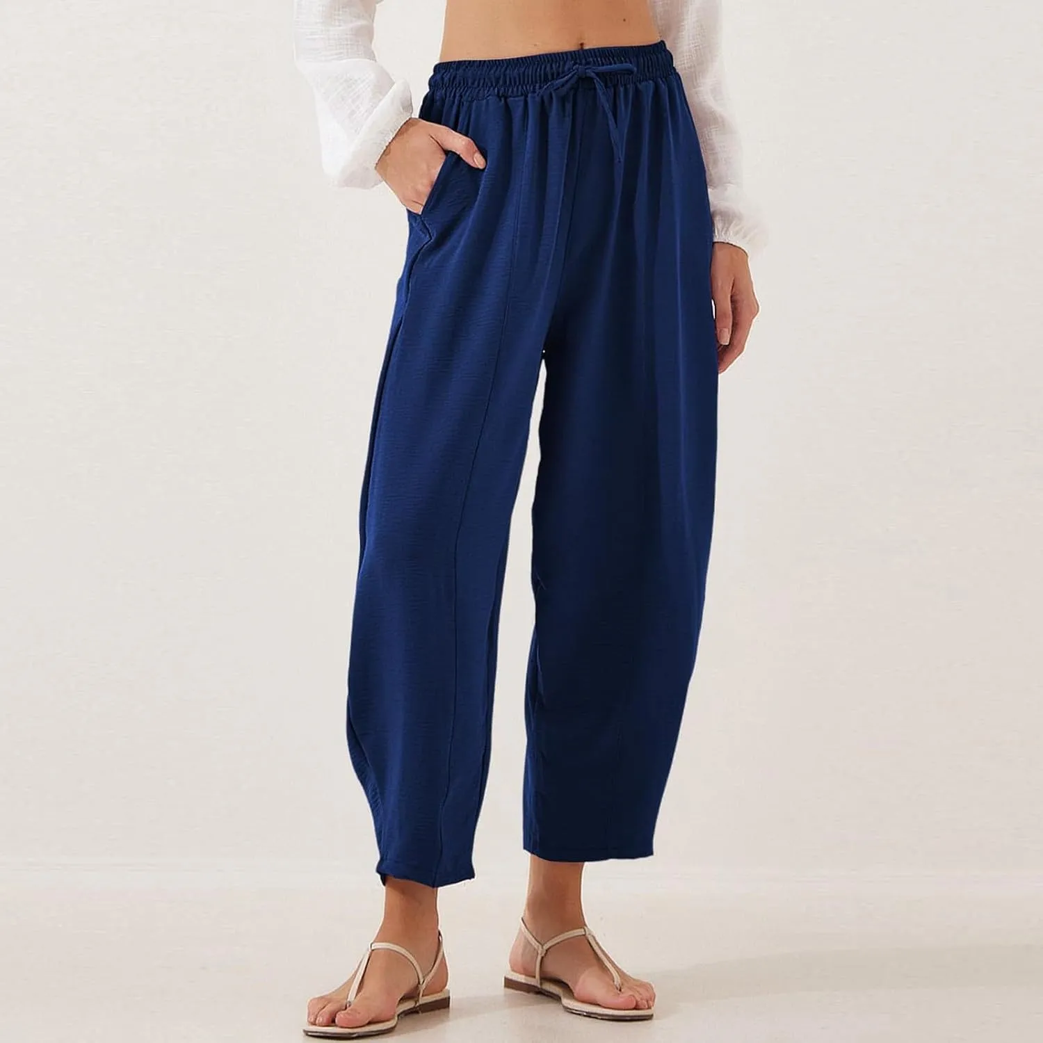 ZEFOTIM Womens Wide Leg Dress Pants Drawstring High Waisted Trousers Solid Color Dress Pants with Pocket