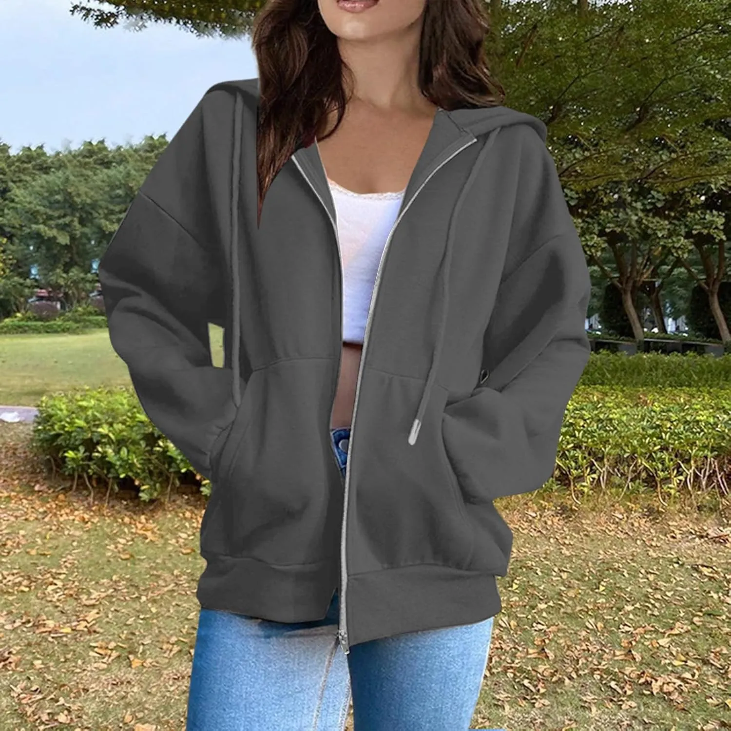 Zipper Hoodies for Women Plus Size Zip Up Hoodies Oversized Sweatshirts Y2K Jacket Pockets Patchwork T-Shirt Hoodie
