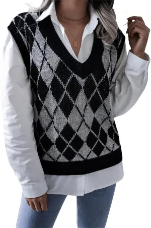 ZWRXW Women's Argyle Plaid Sweater Vest Sleeveless V-Neck Knitted Pullover Preppy Style Loose Fit Gilet Sweaters Knitwear