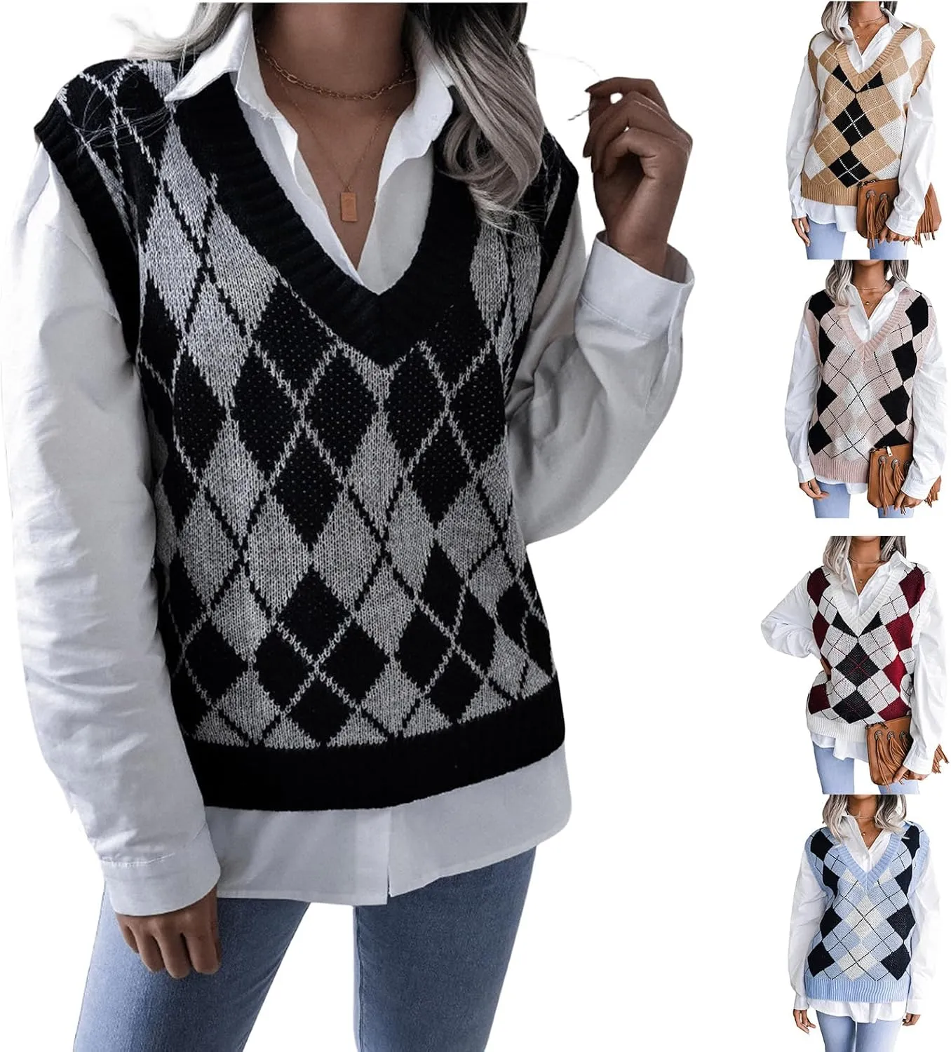 ZWRXW Women's Argyle Plaid Sweater Vest Sleeveless V-Neck Knitted Pullover Preppy Style Loose Fit Gilet Sweaters Knitwear