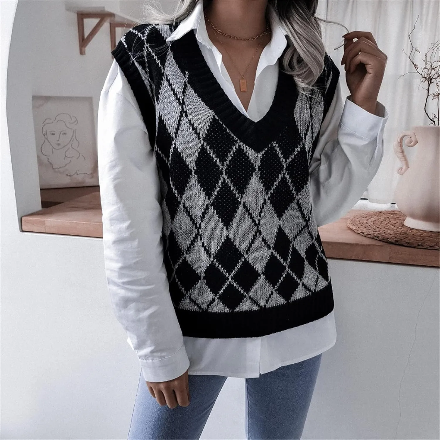 ZWRXW Women's Argyle Plaid Sweater Vest Sleeveless V-Neck Knitted Pullover Preppy Style Loose Fit Gilet Sweaters Knitwear